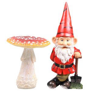 Tuinkabouter beeldje Dwerg met rode muts en schep - en paddestoel - Keramiek - 20 cm -