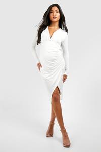 Boohoo Maternity Long Sleeve Slinky V Neck Midaxi Dress, White