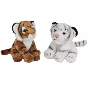 Ravensden Safari dieren serie pluche knuffels 2x stuks - Witte en Bruine Tijgers van 15 cm -