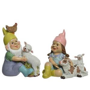 Decoris Tuinkabouter set 2x - boerderij dieren - kunststeen - H24 cm -