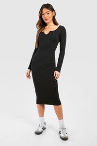 Notch Neck Long Sleeve Jersey Midi Dress, Black