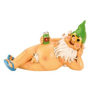 Merkloos Tuinkabouter beeld Happy Nudist - Polystone - Naakte liggend groene muts - 26 cm -