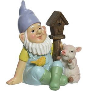 Tuinkabouter met varken en vogelhuisje - kunststeen - H16 cm -