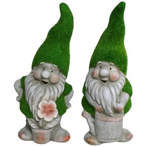 Gerimport Tuinkabouter beeldje - set van 2 - Dwarf Okkie en Sammy - grasgroen - 32 cm - Polystone -