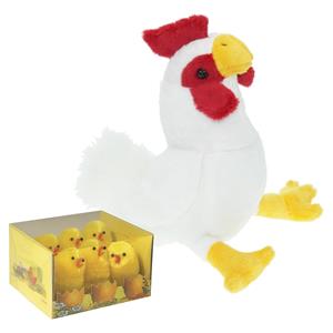 Merkloos Pluche kip knuffel - 20 cm - multi kleuren - met 6x gele kuikens van 5 cm - kippen familie -