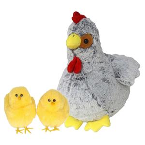 Merkloos Pluche kip knuffel - 20 cm - grijs - met 4x gele kuikens 7 cm - kippen familie -