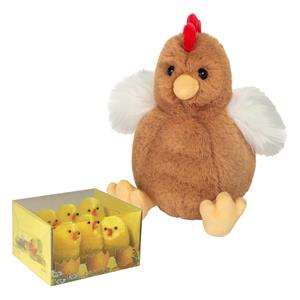 Merkloos Pluche kip knuffel - 18 cm - multi kleuren - met 6x kuikens van 5 cm - kippen familie -