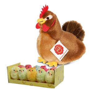 Merkloos Pluche kip knuffel - 16 cm - multi kleuren - met 10x kuikens 5 cm - kippen familie -