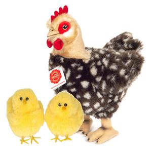 Merkloos Pluche kip knuffel - 24 cm - multi kleuren - met 2x gele kuikens 9 cm - kippen familie -