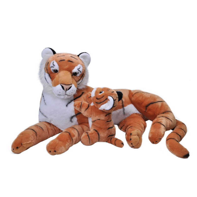 Wild Republic Grote pluche gestreepte tijger met welpje knuffel 76 cm speelgoe -