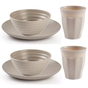 PlasticForte Camping Servies set - kunststof - beige - 6x borden/6x drinkbekers/6x kommetjes -