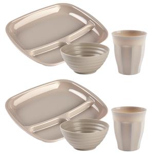 PlasticForte Camping Servies set 18 delig - kunststof - beige - 6x vakjesborden/6x drinkbekers/6x kommetjes -