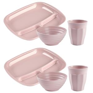 PlasticForte Camping Servies set 18 delig - kunststof - roze - 6x vakjesborden/6x drinkbekers/6x kommetjes -