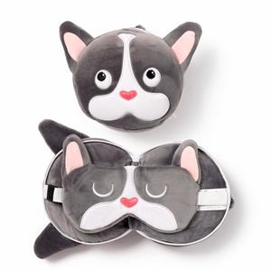 Relaxeazzz Franse Bulldog knuffel/reiskussen/slaapmasker - 2-in-1 set - voor kinderen