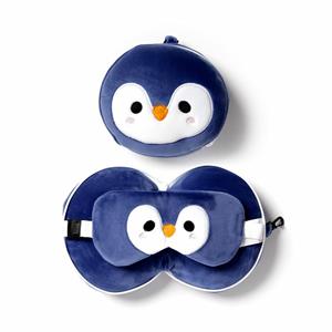 Relaxeazzz Pinguin knuffel/reiskussen/slaapmasker - 2-in-1 set - voor kinderen