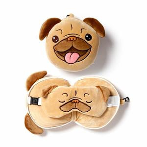 Relaxeazzz Mopshond knuffel/reiskussen/slaapmasker - 2-in-1 set - voor kinderen
