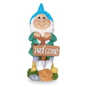 Giftdecor Tuinkabouter beeldje met Welcome bord - Polyresin - muts blauw - 27 cm - decoratie dwergen -
