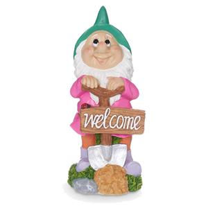Giftdecor Tuinkabouter beeldje met Welcome bord - Polyresin - muts groen - 27 cm - decoratie dwergen -