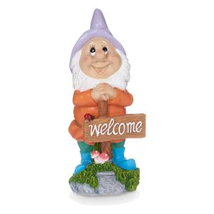 Giftdecor Tuinkabouter beeldje met Welcome bord - Polyresin - muts paars - 27 cm - decoratie dwergen -