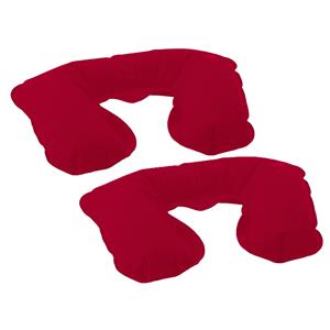 Merkloos Opblaasbaar reiskussen/nekkussen - 2x - in een etui - rood - 33 x 21 cm - velours kunststof -