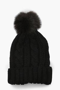 Grof Gebreide Muts Met Bolletje, Black