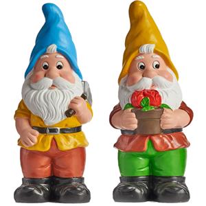 IBERGARDEN Tuinkabouter beeldjes set van 2x - Keramiek - 24.5 cm - geel/blauw -