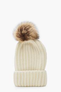 Geribbelde Gebreide Muts Met Grote Faux Fur Pom, Cream