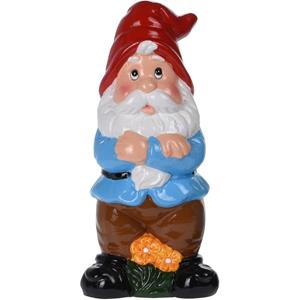 Tuinkabouter beeld Paulus met rode muts en bloemen 20 cm -