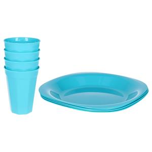 PlasticForte Verjaardag/kinder/camping borden/beker set - 8x stuks - blauw - kunststof - onbreekbaar -