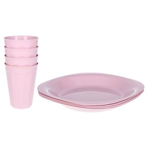 PlasticForte Verjaardag/kinder/camping borden/beker set - 8x stuks - lichtroze - kunststof - onbreekbaar -