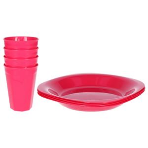 PlasticForte Verjaardag/kinder/camping borden/beker set - 8x stuks - roze - kunststof - onbreekbaar -