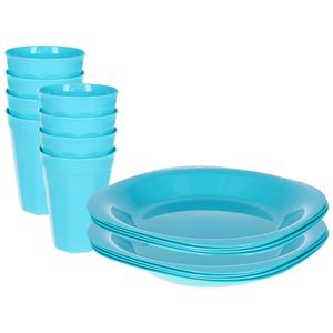 PlasticForte Verjaardag/kinder/camping borden/beker set - 16x stuks - blauw - kunststof - onbreekbaar -