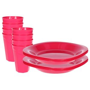 PlasticForte Verjaardag/kinder/camping borden/beker set - 16x stuks - roze - kunststof - onbreekbaar -