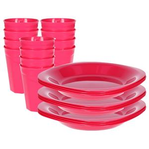 PlasticForte Verjaardag/kinder/camping borden/beker set - 24x stuks - roze - kunststof - onbreekbaar -