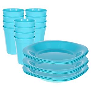 PlasticForte Verjaardag/kinder/camping borden/beker set - 24x stuks - blauw - kunststof - onbreekbaar -