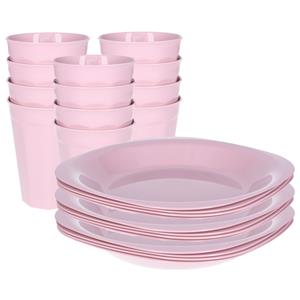 PlasticForte Verjaardag/kinder/camping borden/beker set - 24x stuks - lichtroze - kunststof - onbreekbaar -
