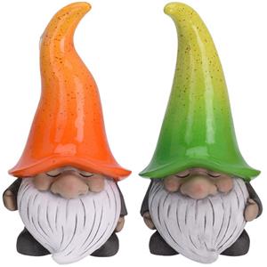 Merkloos Set van 2 tuinkabouters gnooms met oranje en groene muts 23 cm -