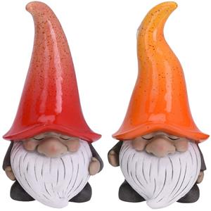 Merkloos Set van 2 tuinkabouters gnooms met oranje en rode muts 23 cm -