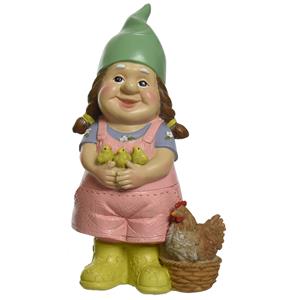 Decoris Tuinkabouter vrouw met haan en kuikens - kunststeen - H23 cm -