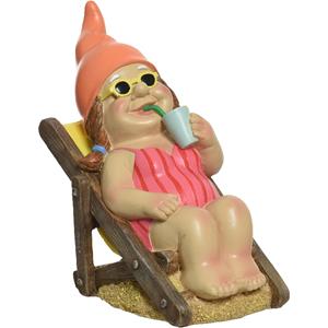 Decoris tuinkabouter - vrouw - zonnend in strandstoel - kunststeen - H21 cm -