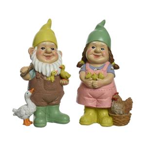 Decoris Tuinkabouter set 2x - met dieren - kunststeen - H23 cm -