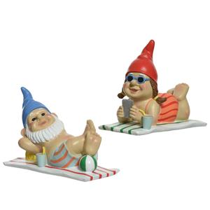 Decoris Tuinkabouter set 2x - zonnend - kunststeen - H18 cm -