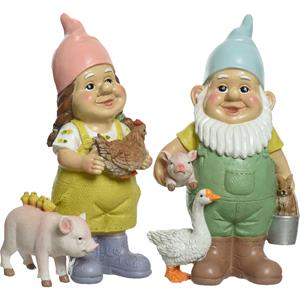 Decoris Tuinkabouter set 2x - met dieren - kunststeen - H29 cm -