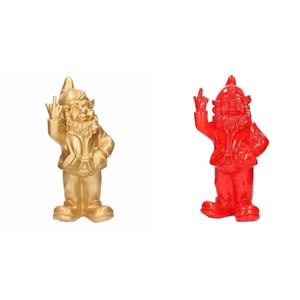 Stoobz design 2x Tuinkabouters goud/rood middelvinger 30 cm -