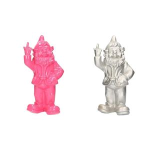 Stoobz design 2x Tuinkabouters roze/zilver middelvinger 30 cm -