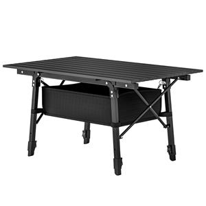 Outsunny Campingtafel met Opbergmand, In Hoogte Verstelbaar, Opvouwbaar, Aluminium, Zwart