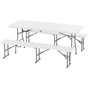 Outsunny 3-delig Picknicktafelset, 1 Tafel, 2 Banken, Opvouwbare Campingtafel met Draaghandvatten, Kunststof, Metaal, Wit