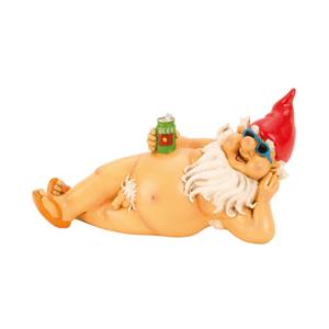 Merkloos Tuinkabouter beeld Happy Nudist - Polystone - Naakte liggend rode muts - 26 cm -