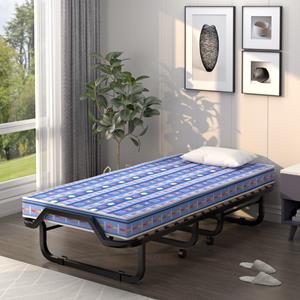 Costway 80 x 200 cm Logeerbed Inklapbaar Opvouwbaar Vouwbed met Matras van Traagschuim Opklapbed Gemaakt in Italië (Blauw)