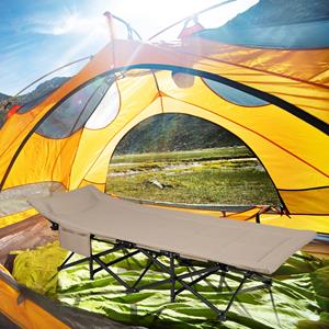 Costway Veldbed Inklapbaar Campingbed Klapbed met Zijzak Draagbare Campingstoel Incl. Draagtas Logeerbed voor Binnen en Buiten Kaki